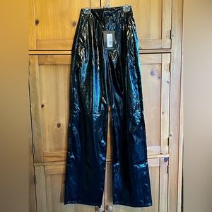 NWT Pretty Little Thing Black Vinyl Patent Leather Wide Leg Pants Size 0